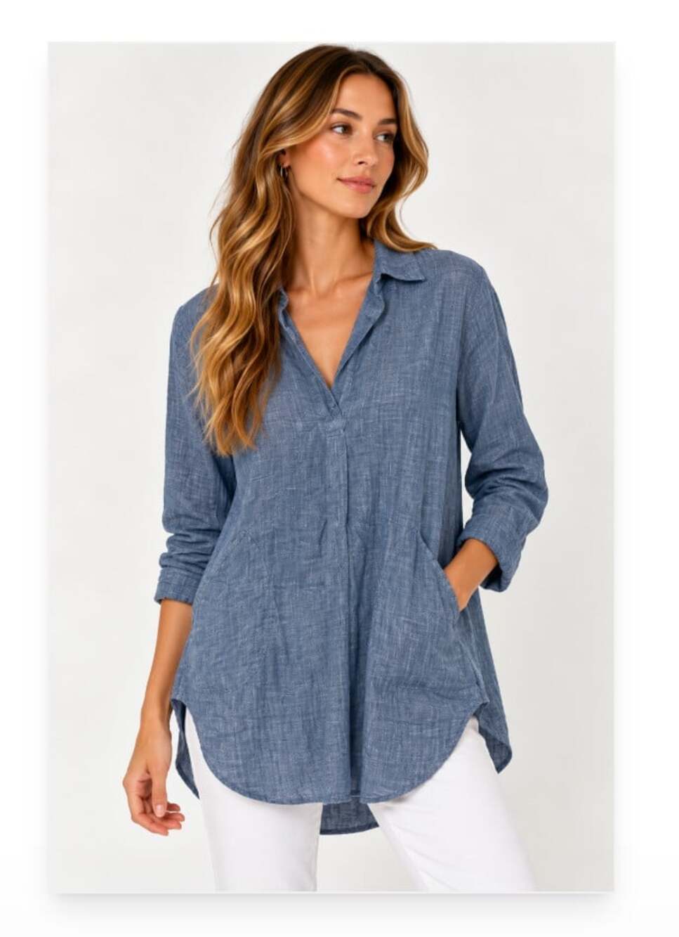 CP Shades Tunic Shirt Womens Small Blue Chambray Cotton Long Sleeve Blouse